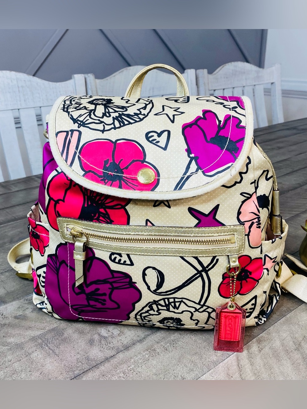 Coach Poppy Graffiti Floral Backpack Gold Metallic Trim Pink Cream F19284 Rare